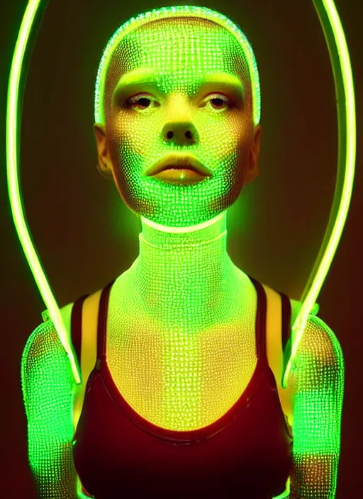 Image similar to a sensual female humanoid with freckles cheeks, cyber neon lighting, retro futurism, intricate futuristic led jewelry, retro futuristic glossy latex bikini, transparent plastic sleeveless vest, profile posing, hyper photorealistic, crispy quality, digital photography, trending in artstation, trending in pinterest, cinematic, 4 k ultra hd, art by pascal blanche, art by greg rutkowski,