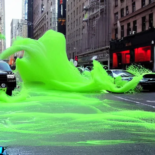 Prompt: photo, a huge amoung of green glowing slime rushes through the streets of new york picking up cars and people