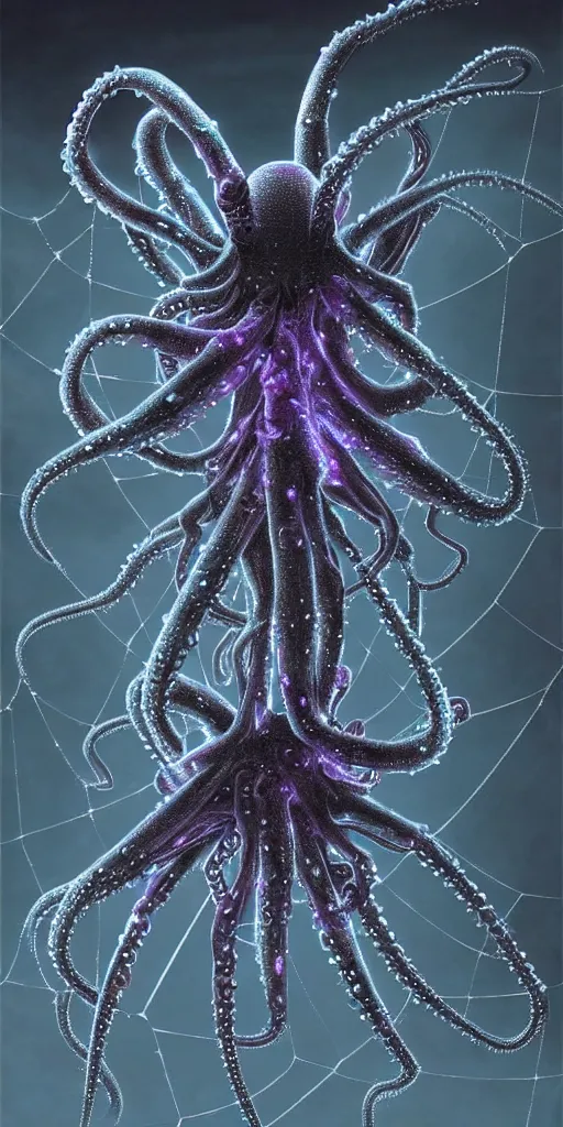 Image similar to concept art of an alien cybernetic spider octopus made of silica crystal and full of glowing translucent cables, on a dark rock background, surrounded by spirals of fog, grimy, gritty, trending on artstation, award winning painting, close portrait, cgi, art by david cronenberg, chris cunningham and christophe vacher