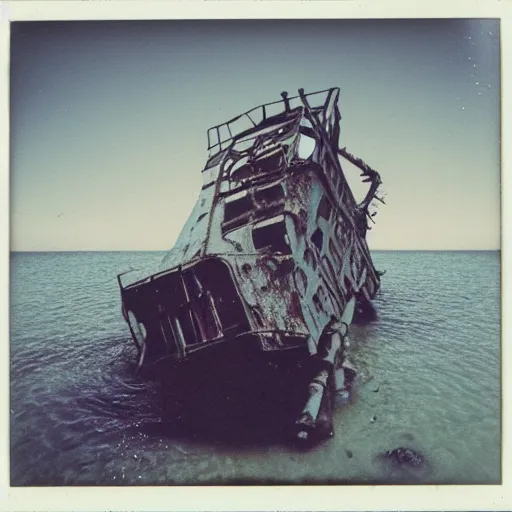Prompt: towering rusty shipwreck, underwater, murky, megalophobia, old polaroid, expired film,