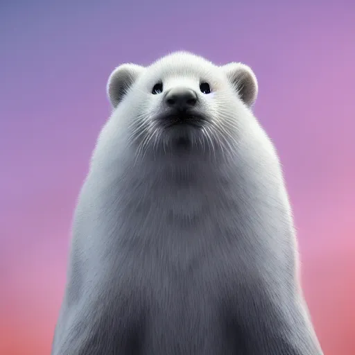 Image similar to white mink with nimbus of pink bacteria around the neck, unreal engine, starring at camera, matte background, high symmetry, 8k