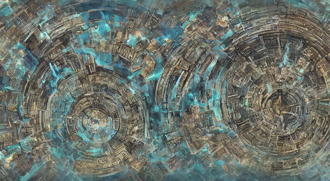 Prompt: beautiful digital painting of sigil, the city of doors, located atop the spire in the outlands. it has the shape of a torus, and the city itself is located on the inner surface of the ring. there is no sky, simply an all - pervasive light that waxes and wanes to create day and night.