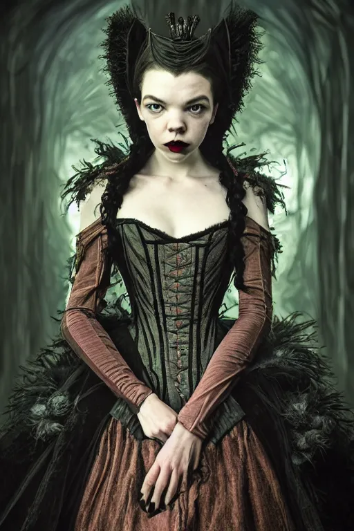 Image similar to anya taylor - joy vampire queen, full body, intricate victorian dress, hyper detailed, digital art, trending in artstation, cinematic lighting, studio quality, smooth render, artgerm, joshua middleton, rafael albuquerque, unreal engine 5 rendered, octane rendered, art style by klimt and nixeu and ian sprigger and wlop and krenz cushart