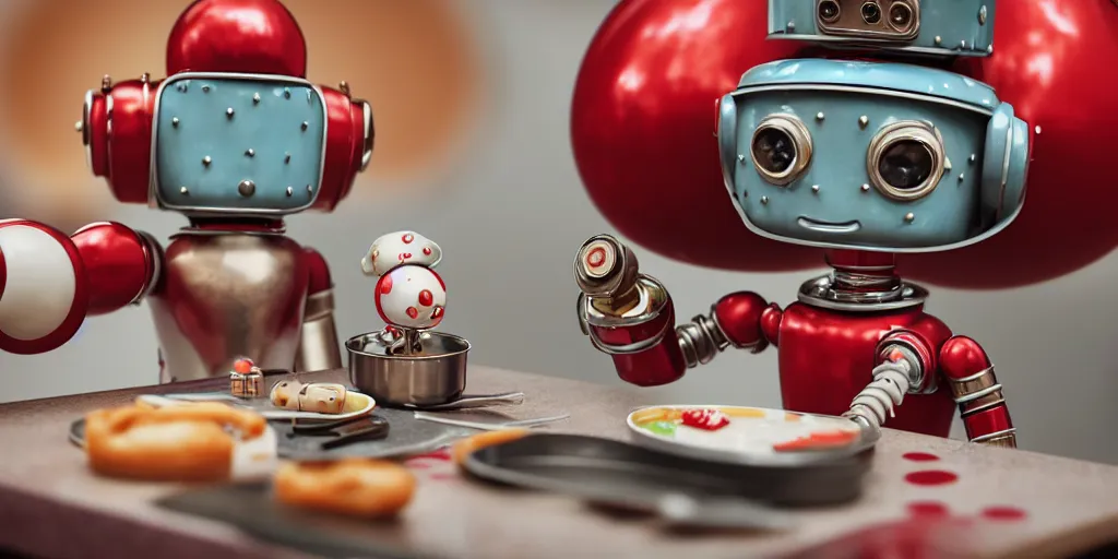 Image similar to closeup portrait of tin toy retro robot chef cooking pastry in a kitchen, depth of field, zeiss lens, detailed, centered, fashion photoshoot, by nicoletta ceccoli, mark ryden, lostfish, breathtaking, 8 k resolution, extremely detailed, beautiful, establishing shot, artistic, hyperrealistic, octane render