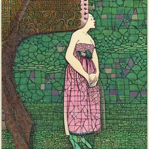 Prompt: interesting maximalist elaborate full body portrait of a beautiful medieval girl next to a tree, in the style of kawase hasui and paul klee. seen from the long distance. mixed media, vibrant 3d textures, pastel tones. amazing fashion of Vivienne Westwood. HD 8x no frame