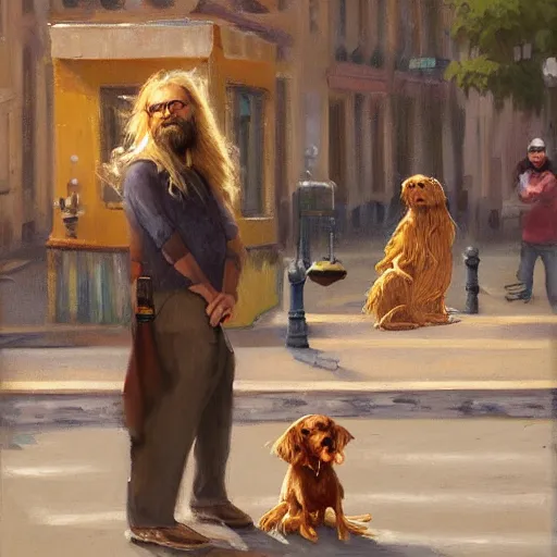 Prompt: oil painting of a young man with long hair blond and a beard hippie style with his golden retrever dog playing guitar in the square for money, people watching around, by greg rutkowski, artstation