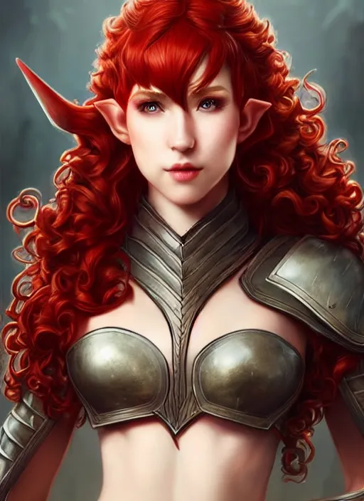 Image similar to leather armor!!! beautiful and elegant curly red hair female elf!! gorgeous ayes!! character concept art, sharp focus, octane render! unreal engine 5! highly rendered!! trending on artstation!! detailed linework!! illustration by artgerm, wlop, and chie yoshii