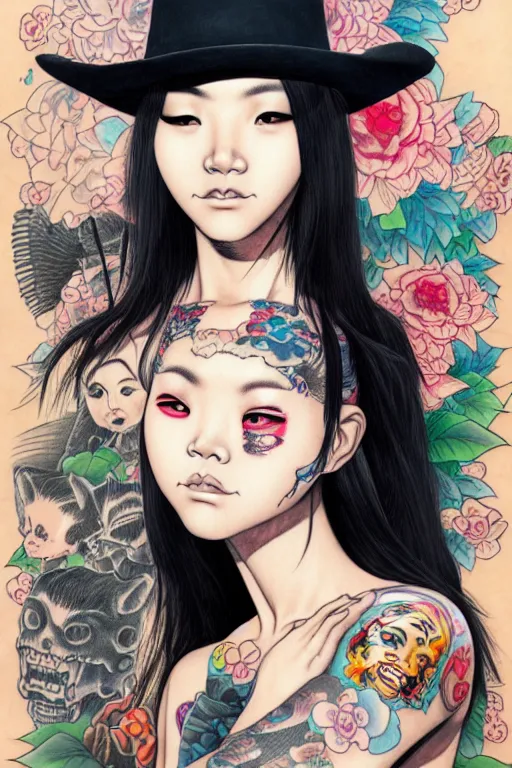 Image similar to full view of taiwanese girl with tattoos, wearing a cowboy hat, style of yoshii chie and hikari shimoda and martine johanna and will eisner, highly detailed