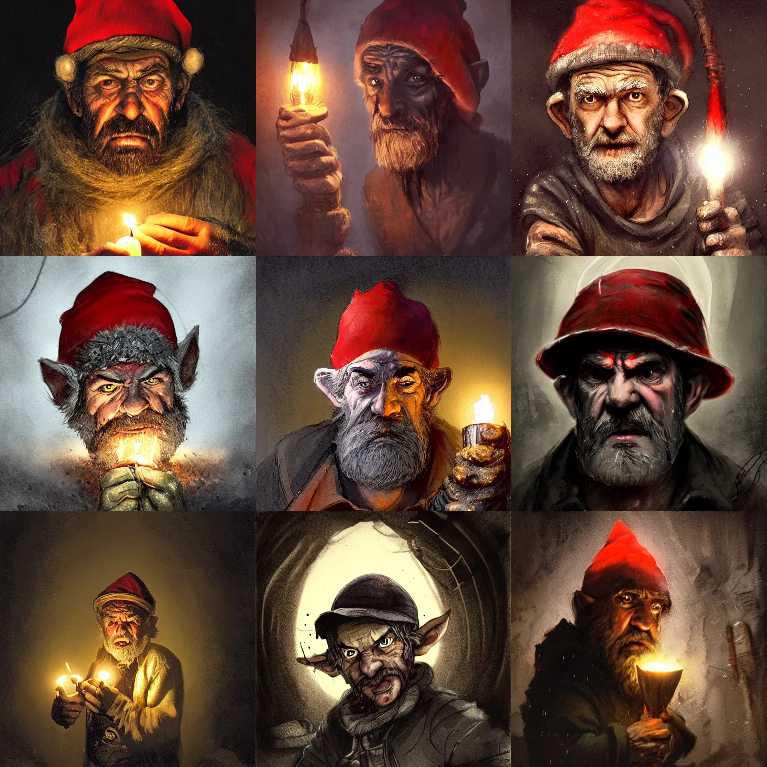 Prompt: an angry, grimy, dirty, grumpy [ old ], miner elf ( with red hat and a glowing latern ) in a pitch black mine, looks into the camera. angry kubrick stare, low key lighting, high contrast, theatrical, fairy tale illustration, character concept art by greg rutkowski and katalin szegedi, and marc simonetti