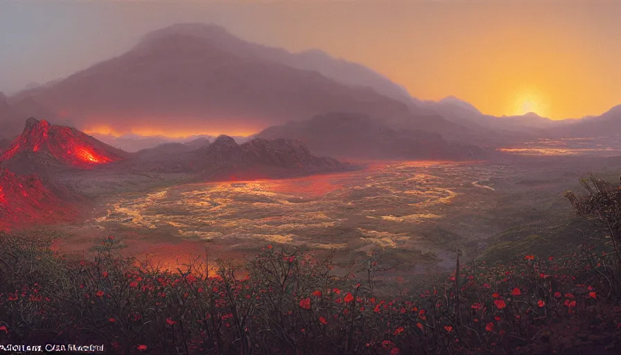 Prompt: an ashen land with obsidian mountains and rivers of lava, red sky, in the foreground there are flowers, by Ted Nasmith