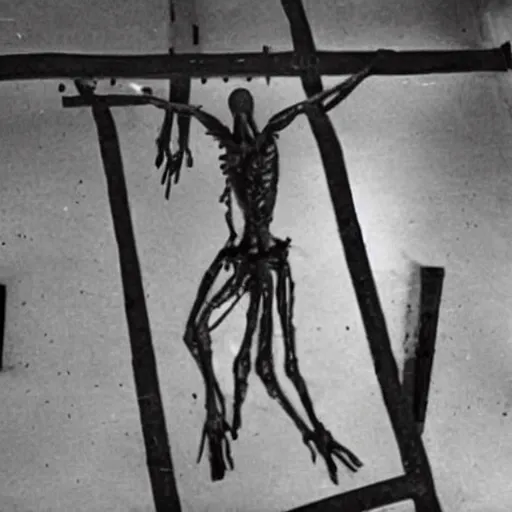 Prompt: an alien getting crucified in an experimental lab, found footage video