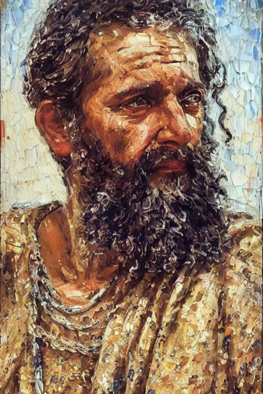 Image similar to highly detailed palette knife oil painting of a historically accurate depiction of the ancient biblical israeli king david, thoughtful, by Peter Lindbergh, impressionistic brush strokes, painterly brushwork