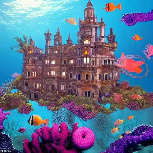 Prompt: a majestic view of a sprawling victorian castle submerged 1 0, 0 0 0 feet under the sea surrounded by octopii, starfish, seahorses, tropical fish