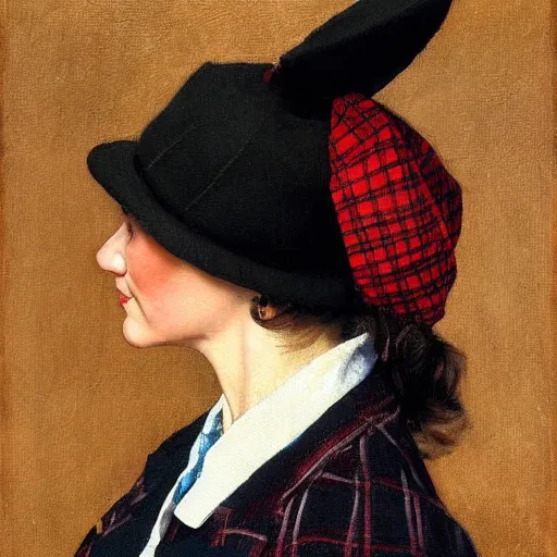 Prompt: Front portrait of a bored woman with a plaid blazer, bangs and a beret. A painting by Norman Rockwell.