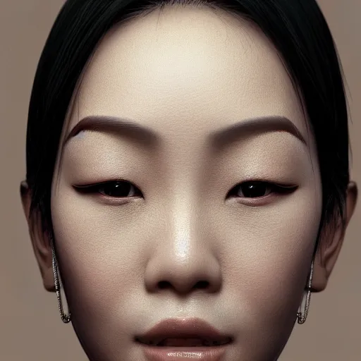 Image similar to asian woman closeup face portrait, with chrome liquid face mask stripes, highly detailed face, elegant pose, intricate, extremy detailed, cgsociety, unreal engine, octane render, portrait ilghting, 3 5 mm award winning, highly detailed 4 k art
