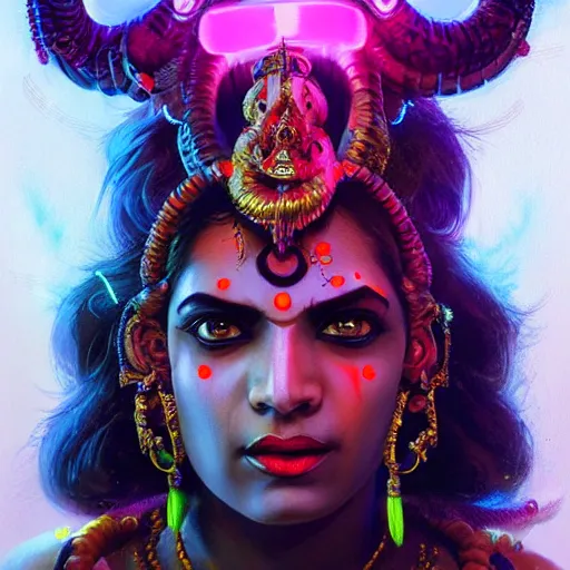 Image similar to portrait of a hindu god kali with a scaly skin and bio-technical parts and high tec VR headset and neon light by Artgerm and Greg Rutkowski , digital painting, highly detailed, trending on artstation