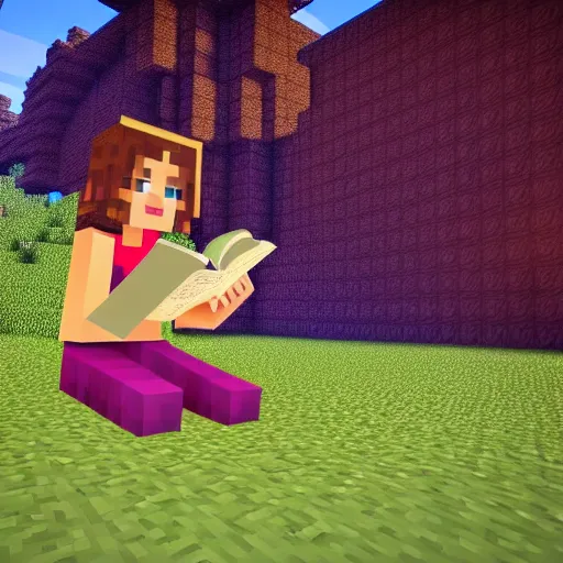 Prompt: a girl reading book in Minecraft, 4k