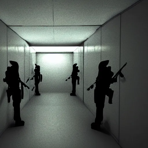 Prompt: cinematic award winning movie scene of scp - 0 9 6 escaping containment with mtf scp soldiers with guns aiming, dark creepy room, sharp focus, 8 k, realistic