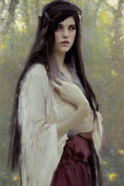 Image similar to Richard Schmid and Jeremy Lipking and Brom full length portrait painting of a young beautiful priestess woman