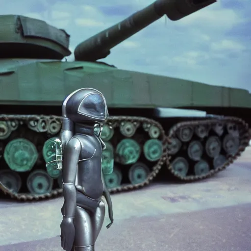 Prompt: the alien is photographed against the background of the t - 3 4 tank, top secret style, realistic photo, cinestill 8 0 0 t, 1 9 7 0 s, color