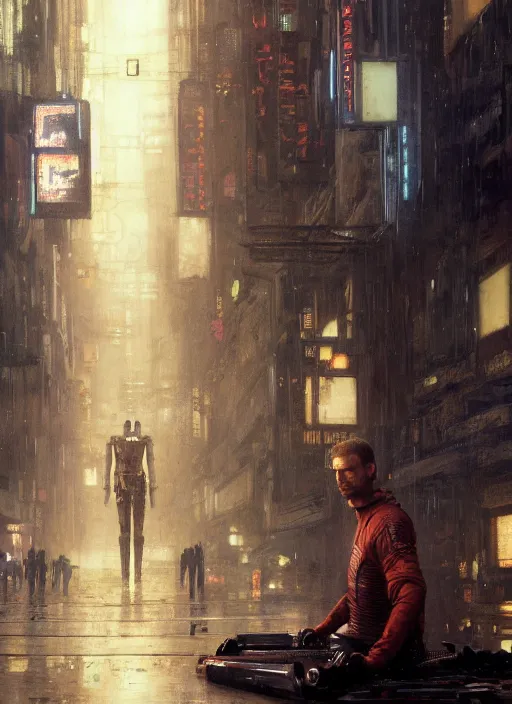 Image similar to blade runner with four robotic legs ( blade runner 2 0 4 9, dystopian, cyberpunk 2 0 7 7 character design ). orientalist portrait by john william waterhouse and james gurney and theodore ralli and nasreddine dinet, oil on canvas. cinematic, hyper realism, realistic proportions, dramatic lighting, high detail 4 k