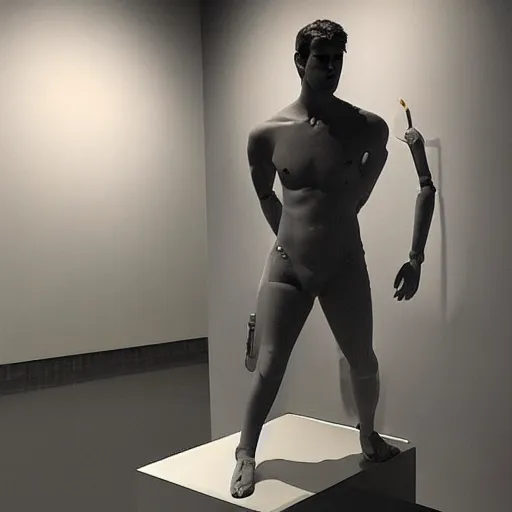 Image similar to “ a realistic detailed photo of a guy who is an attractive humanoid who is half robot and half humanoid, who is a male android, actor liam hemsworth, shiny skin, posing like a statue, blank stare, at the museum, on display ”