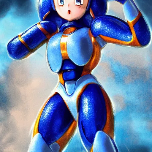 Image similar to mega man's female twin. highly detailed portrait, anime, no helmet, long blue hair, golden mechsuit concept art by jama jurabaev, cinematic shot, trending on artstation