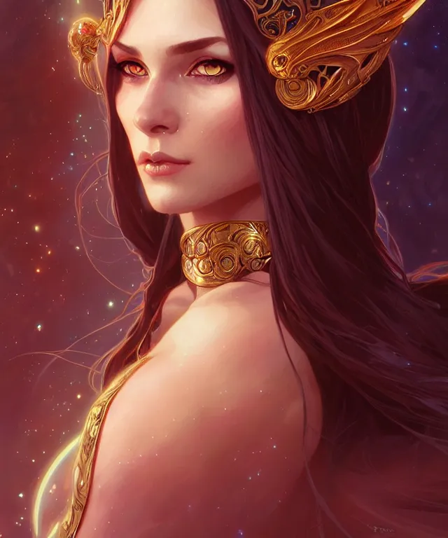 Image similar to A fantasy magic woman portrait, sci-fi, amber eyes, face, long hair, fantasy, intricate, elegant, highly detailed, digital painting, artstation, concept art, smooth, sharp focus, illustration, art by artgerm and greg rutkowski and alphonse mucha