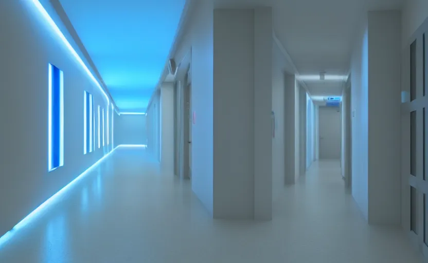 Prompt: an hallway in hospital with soft blue lights in the roof, octane render, artstation trending, highly detailded