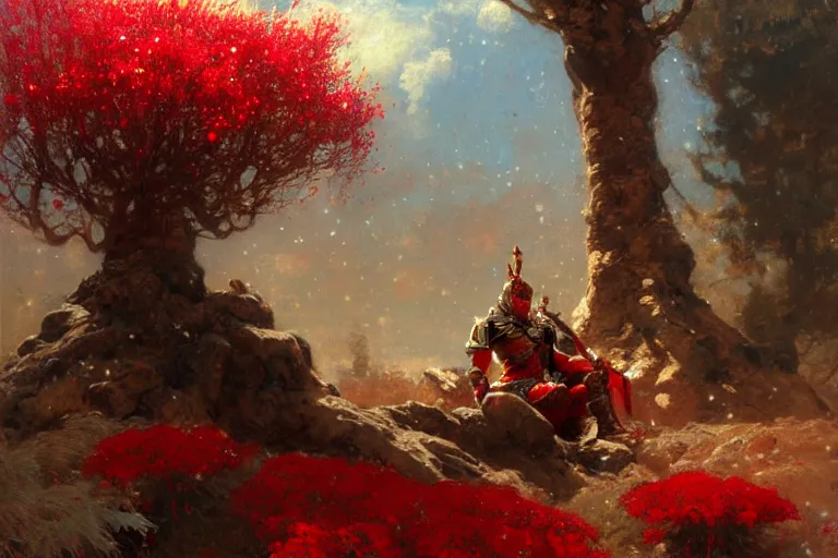 Image similar to winter, a male warrior wearing armor relaxing under a world tree with red flowers, ground covered with snow, extreme long shot, fantasy, painting by gaston bussiere, craig mullins, j. c. leyendecker, trending on artstation