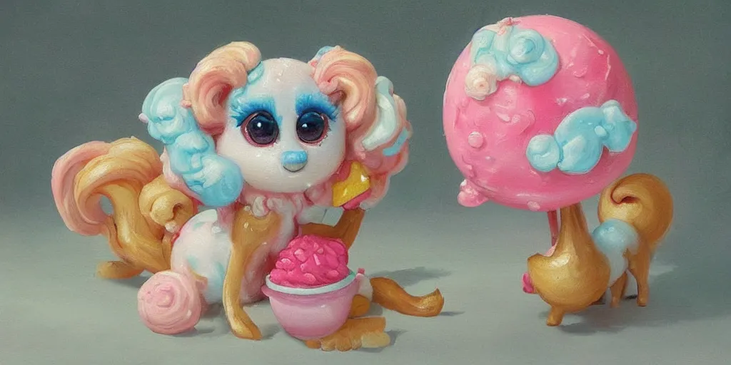 Image similar to bubble gum ice cream made in the shape of 3 d littlest pet shop poodle, realistic, melting, soft painting, forest, desserts, ice cream, glitter, master painter and art style of noel coypel, art of emile eisman - semenowsky, art of edouard bisson