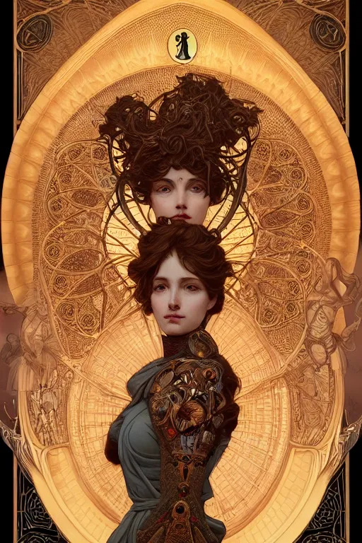 Prompt: beautiful hierophant girl tarot card portrait, biomechanical, intricate artwork masterpiece, majestic, elden ring cinematic lighting, volumetric 8 k, by alphonse mucha, apollonia saintclair, josan gonzalez, artgerm, edmund leighton, kilian eng, trending on cgsociety, octane render, 8 k