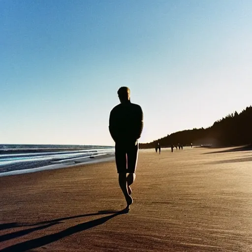 Image similar to a film photo of a man, athletic, walking towards camera on an Oregon beach, facing camera, natural lighting, golden hour, well lit, Kodak gold 200 film, trending on instagram