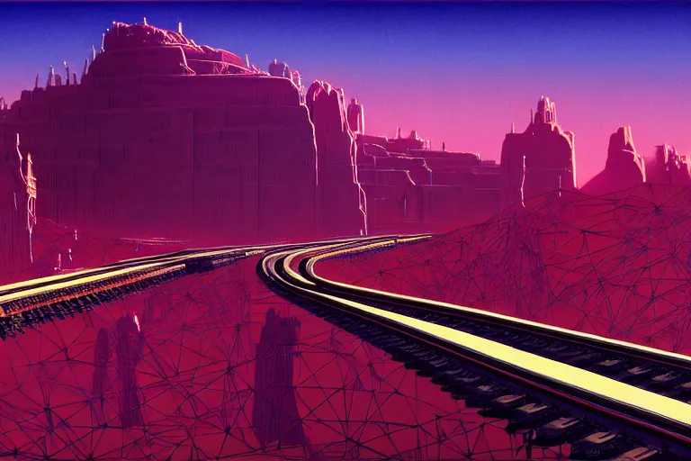 Prompt: a city on huge train tracks traveling through the desert, futuristic, fantasy, intricate, elegant, dramatic lighting, highly detailed, lifelike, photorealistic, artstation, concept art, smooth, sharp focus, illustration, art by syd mead and beksinski and john blanche and paul dainton