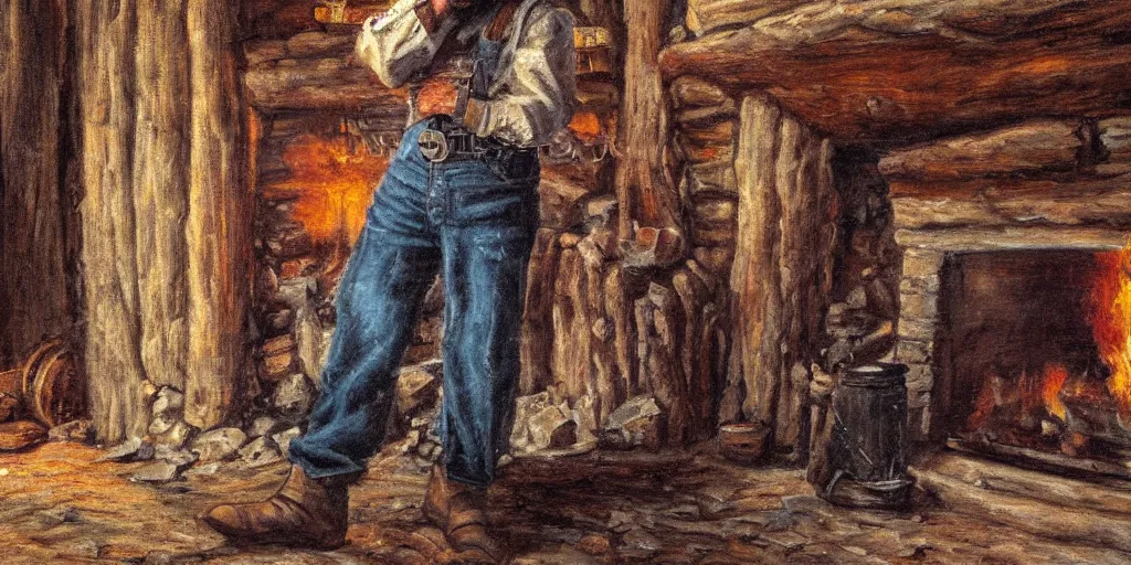 Image similar to in an old west cabin, close up shot a rugged, bearded cowboy standing ((alone)) at his fireplace, in the style of Fredrick Remington, oil painting