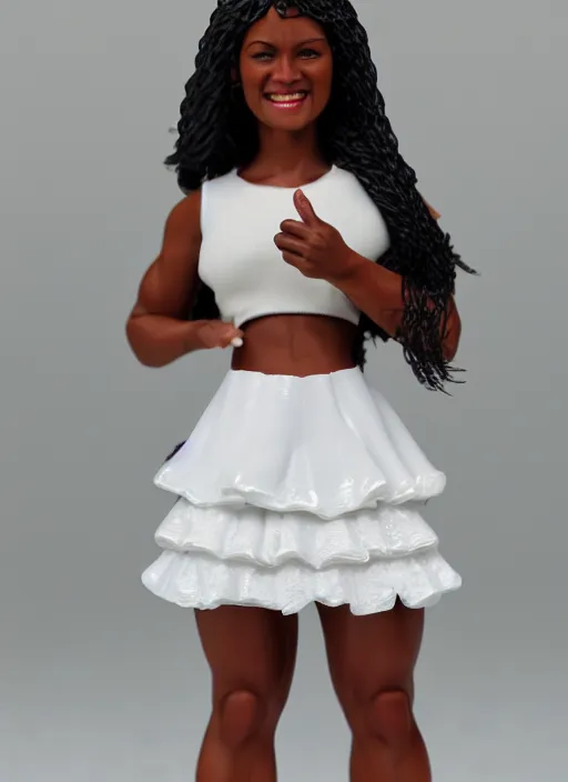 Image similar to Product Introduction Photos, 4K, Long view, Full body, 80mm resin detailed miniature of a Muscular Black Woman in white and lacy ruffled mini-skirt