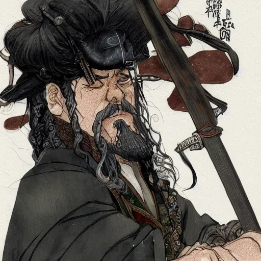 Image similar to detailed portrait of hagrid samurai with swords and steampunk rifles, in snow forest sakura cherry blossom, hakama kimono, trending on artstation elite, elegant, luxury, by krenz cushart, junji ito, takato yamamoto, perfect face, fine details, realistic shaded, fine - face, pretty face