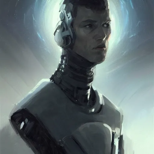 Image similar to portrait of a man by greg rutkowski, he is about 3 0 years old, short black hair with bangs, expression of fear and bewilderment, very tall and slender, he is wearing futuristic space gear, highly detailed portrait, digital painting, artstation, concept art, smooth, sharp foccus ilustration, artstation hq