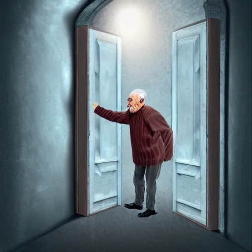 Prompt: old man going through a door to another dimension, digital art, 4 k, fantasy