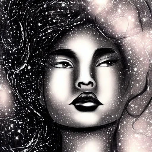 Prompt: A black ink portrait of a lonely beautiful woman with pouted lips and the the constellation in her black flowing hair