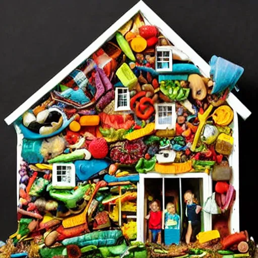 Prompt: photo of a house with kids made out of food leftovers. Highly detailed. Art by Gordon Ramsey