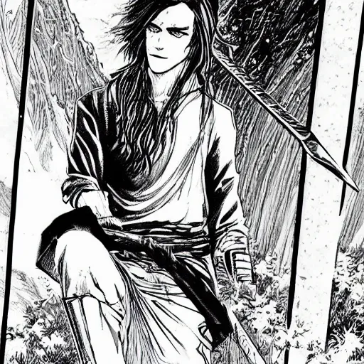 Image similar to attractive 22 year old Jared Leto golden Vagabond magic swordsman glides through a beautiful battlefield magic the gathering dramatic esoteric!!!!!! pen and ink!!!!! illustrated in high detail!!!!!!!! by Hiroya Oku!!!!! Written by Wes Anderson graphic novel published on shonen jump 2002 award winning!!!!