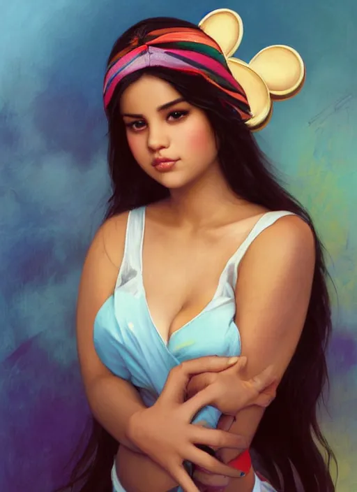 Prompt: beautiful thirty year old woman with long black hair, tan skin, curvy hourglass figure, round cute face, slight resemblance to selena gomez and vanessa hudgens wearing colorful modern clothes and a mickey mouse ears headband. beautiful painting by artgerm and greg rutkowski lois van baarle and bouguereau