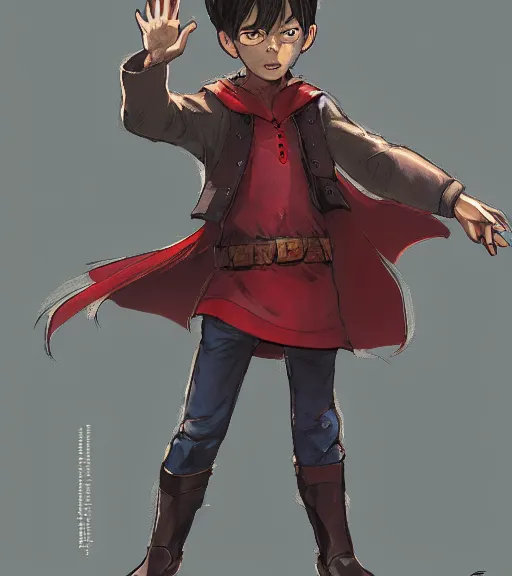 Image similar to attractive little boy character inspired in little red riding hood and batman, digital artwork made by akihiko yoshida and makoto shinkai, anatomically correct, symmetrical