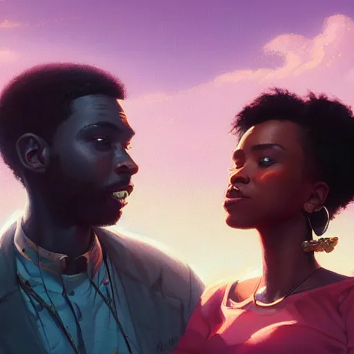 Prompt: highly detailed portrait of a black couple on the rooftop, synthwave city, stephen bliss, unreal engine, fantasy art by greg rutkowski, loish, rhads, ferdinand knab, makoto shinkai and lois van baarle, ilya kuvshinov, rossdraws, tom bagshaw, global illumination, radiant light, detailed and intricate environment