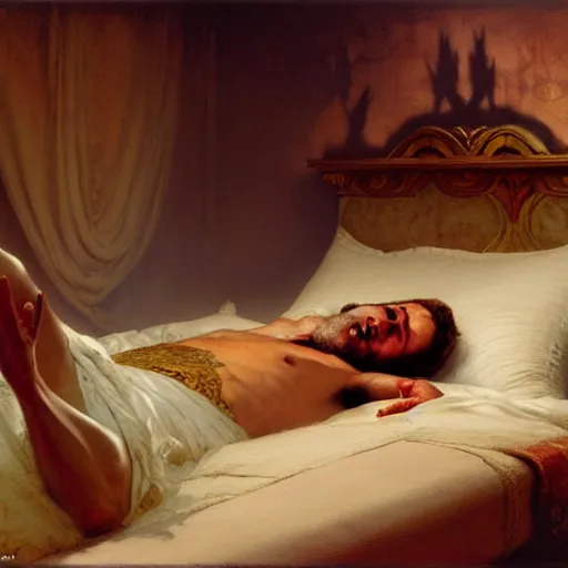 Prompt: the pope laying down in his bed, terrified, because a double horned shadow demon is in the the bedroom. highly detailed painting by gaston bussiere, greg rutkowski, craig mullins 8 k