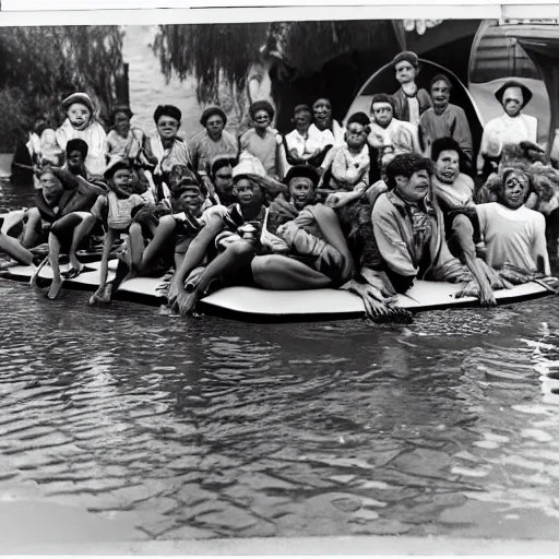 Prompt: A group of refugees on a raft at disneyland, War Photography