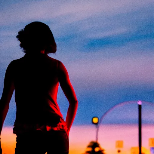 Prompt: a roller skater in a cinematic closeup. in santa monica at blue hour. canon eos c 3 0 0, ƒ 1. 8, 2 0 0 mm. 8 k. inspired by roger deakins cinematography