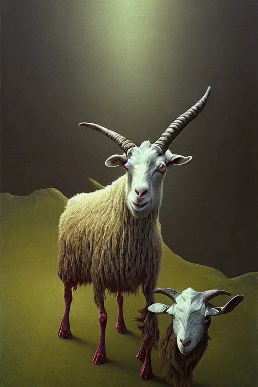 Image similar to painting of hybrid between human andy milonakis and a goat, by zdzislaw beksinski, by tiffany bozic, cold hue's, warm tone gradient background, concept art, beautiful composition, digital painting