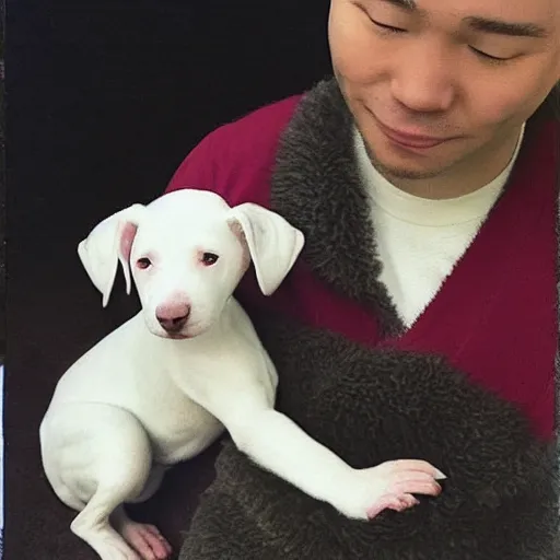 Image similar to tired white pitbull puppy curled up on a japanese man's lap, highly detailed painting, cozy aesthetic